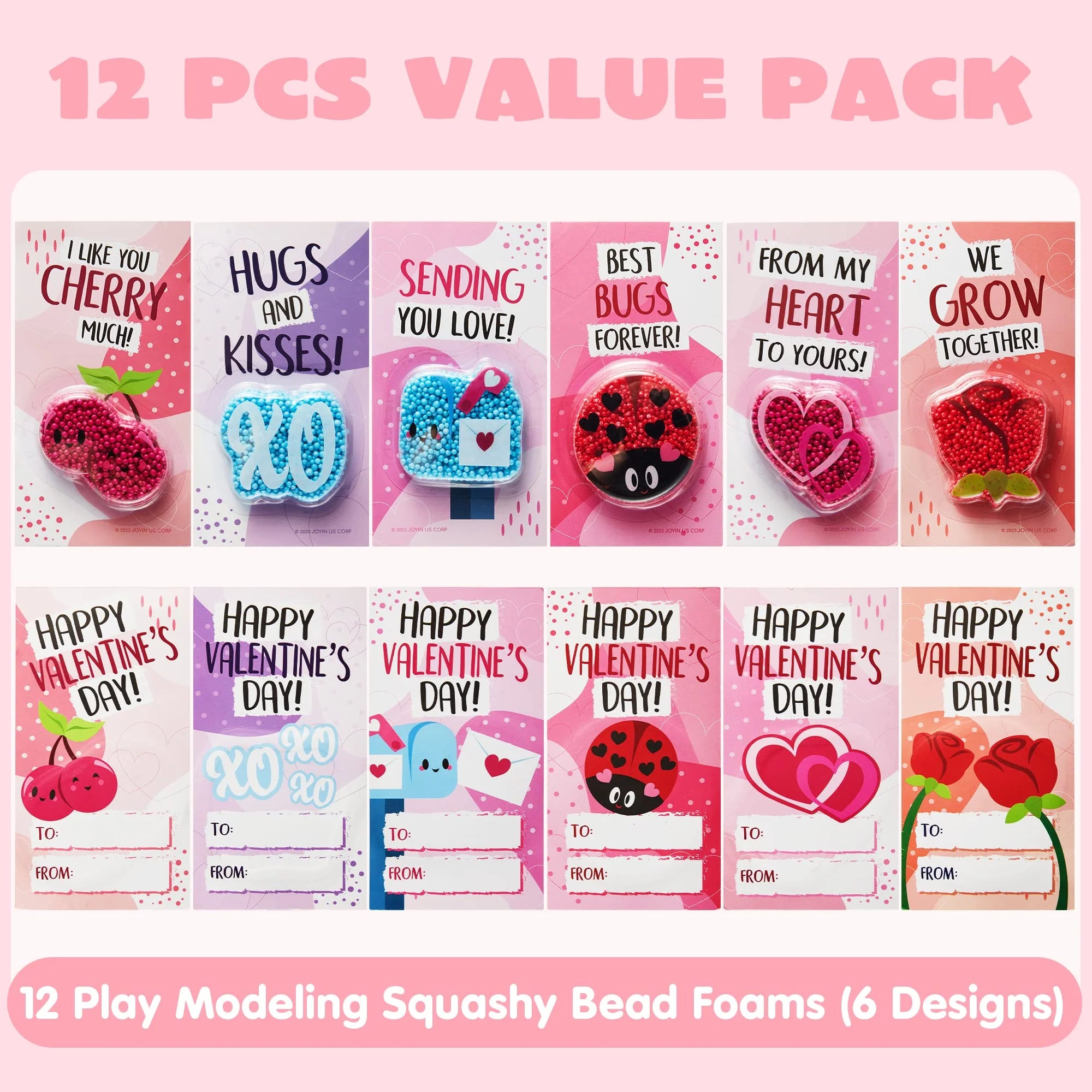 12-Pack Valentine’s Fun Clay & Greeting Card Play Kit – Squashy Foam Beads for Kids Classroom Gifts & Party Favors