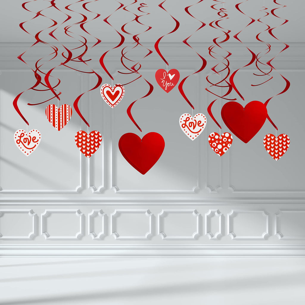 31-Piece Valentine's Day Party Decoration Kit – Banner, Heart Honeycombs, Foil Swirls & Hanging Heart Pendants
