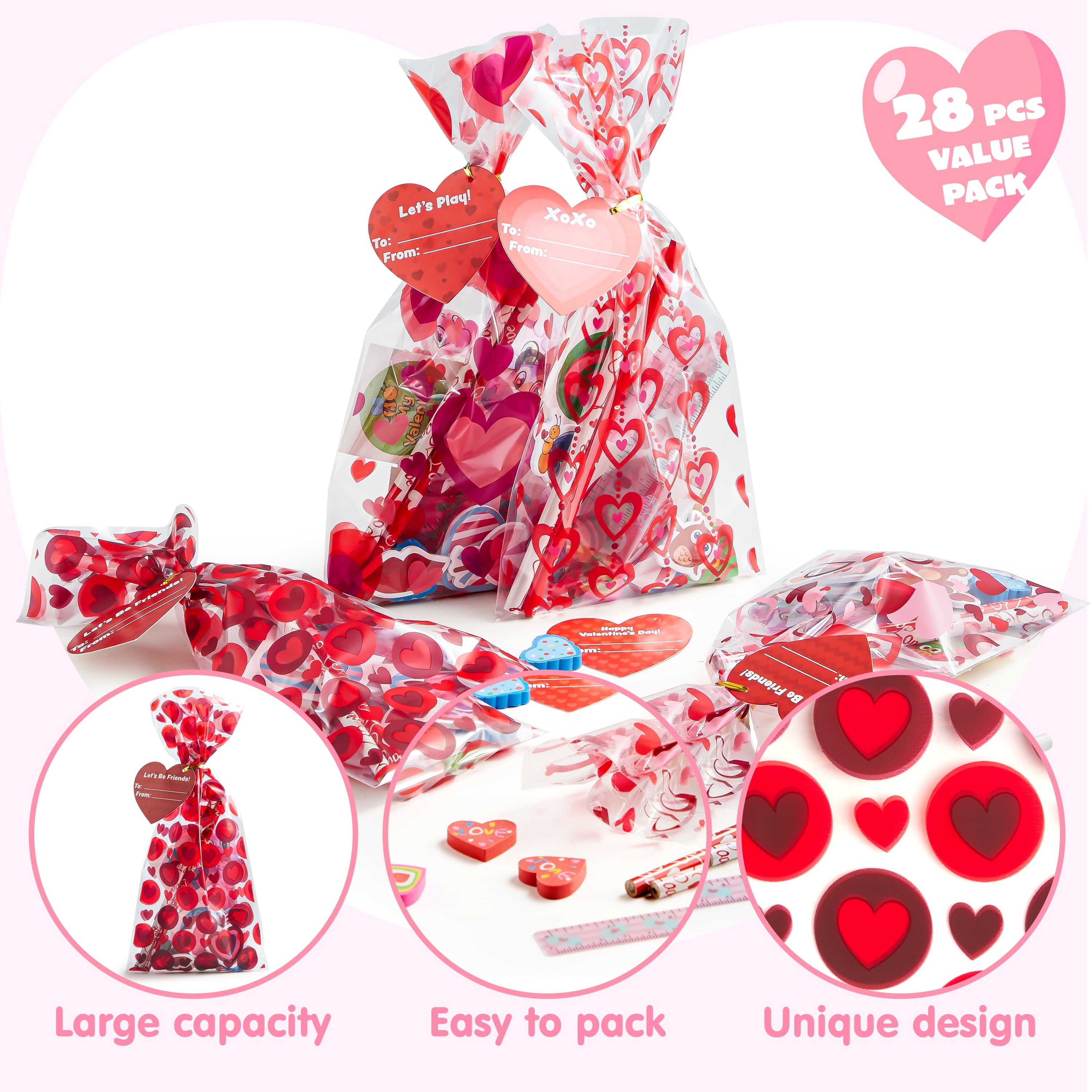 28-Pack Valentine Kids Goody Bags – Fun Classroom Party Favor Stationery Set