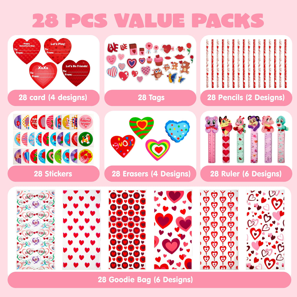 28-Pack Valentine Kids Goody Bags – Fun Classroom Party Favor Stationery Set
