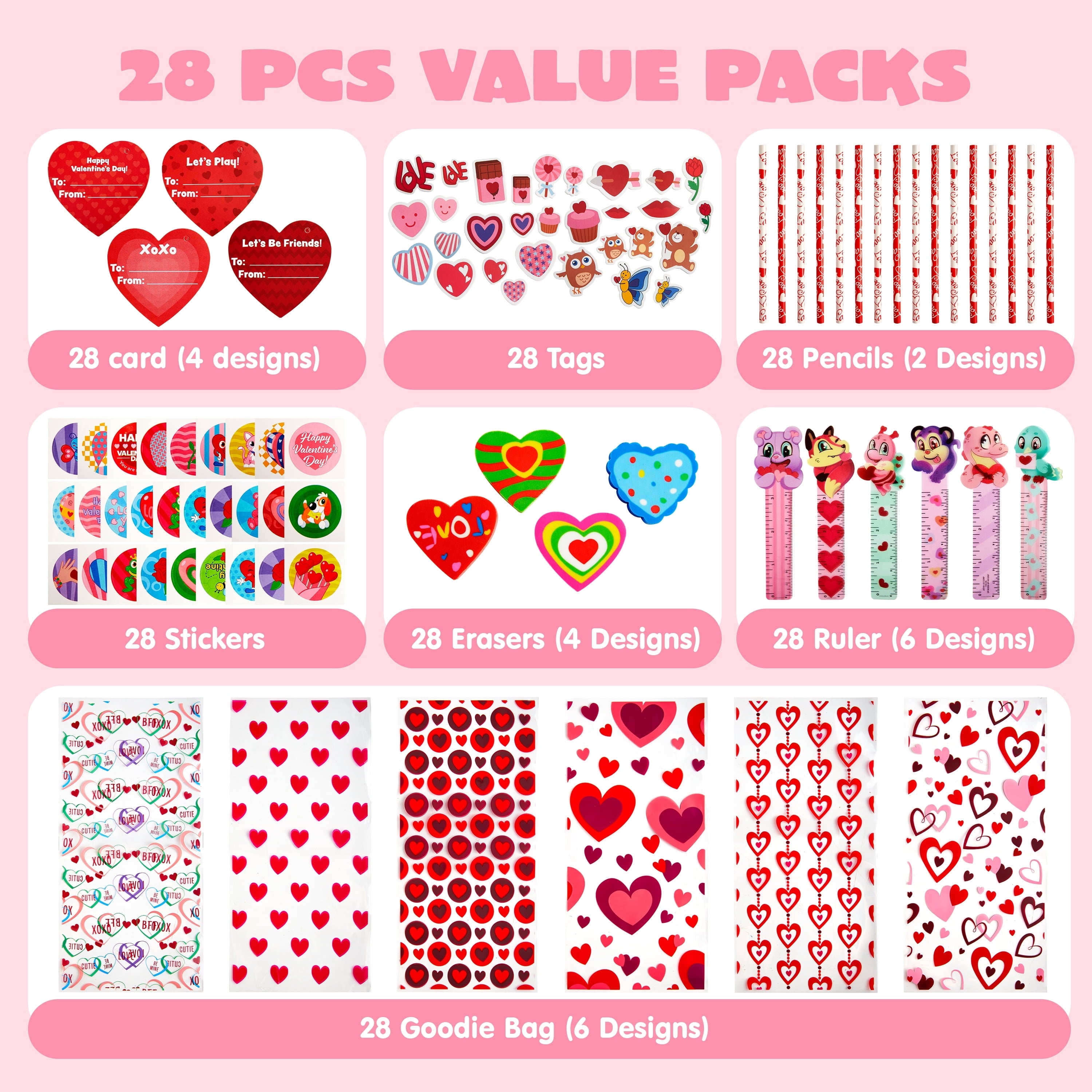 28-Pack Valentine Kids Goody Bags – Fun Classroom Party Favor Stationery Set