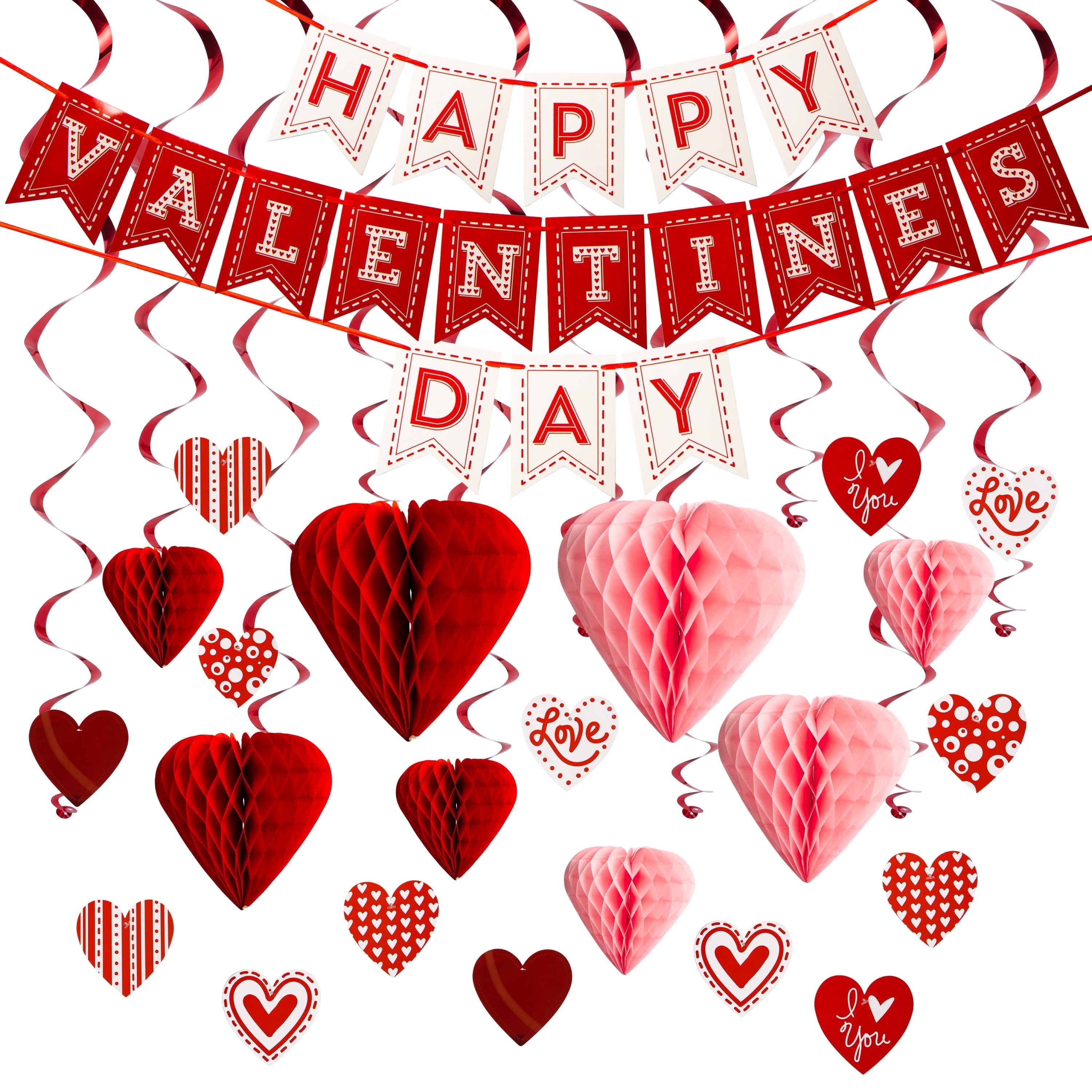 31-Piece Valentine's Day Party Decoration Kit – Banner, Heart Honeycombs, Foil Swirls & Hanging Heart Pendants