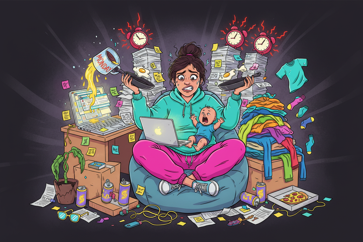 Cartoon woman holding a toolbox in a messy room with text 'Adult Problems. Smarter Fixes.'