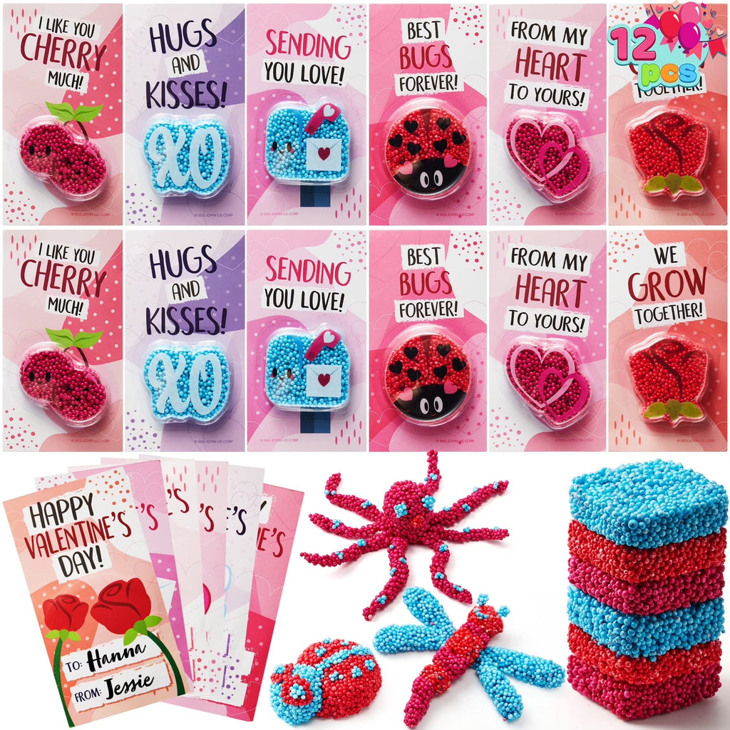 12-Pack Valentine’s Fun Clay & Greeting Card Play Kit – Squashy Foam Beads for Kids Classroom Gifts & Party Favors