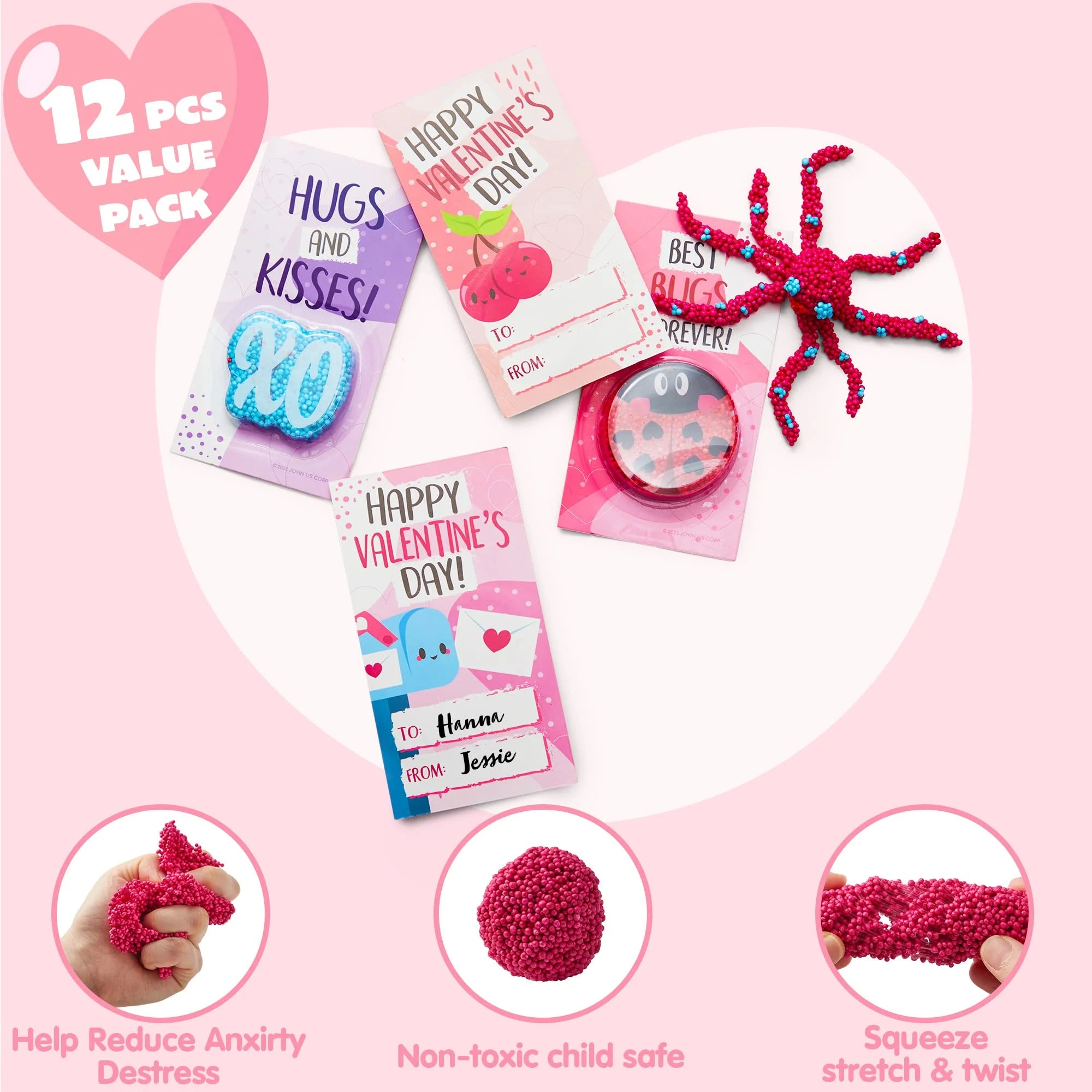 12-Pack Valentine’s Fun Clay & Greeting Card Play Kit – Squashy Foam Beads for Kids Classroom Gifts & Party Favors