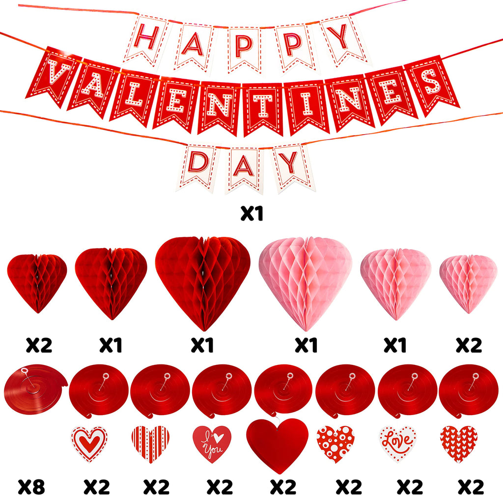 31-Piece Valentine's Day Party Decoration Kit – Banner, Heart Honeycombs, Foil Swirls & Hanging Heart Pendants