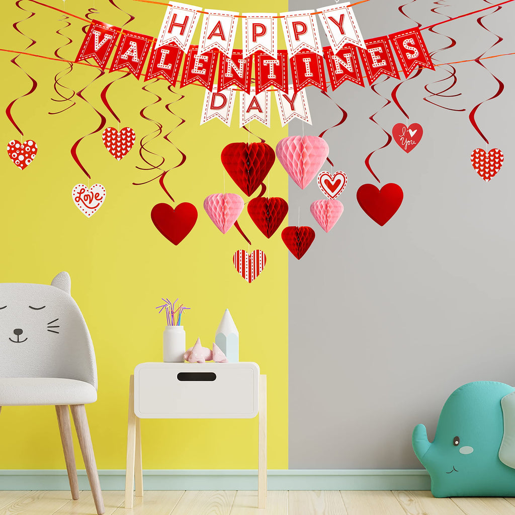 31-Piece Valentine's Day Party Decoration Kit – Banner, Heart Honeycombs, Foil Swirls & Hanging Heart Pendants