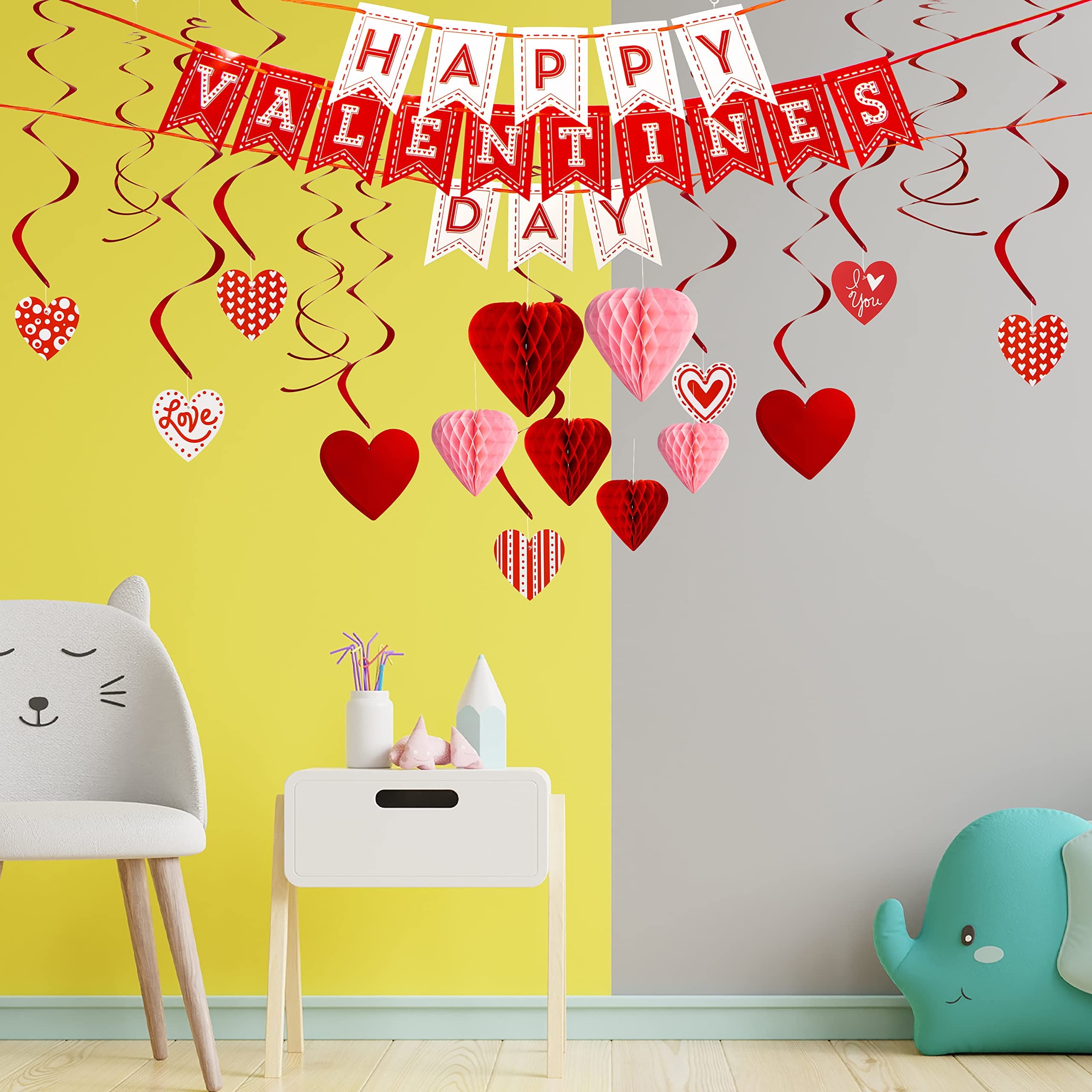 31-Piece Valentine's Day Party Decoration Kit – Banner, Heart Honeycombs, Foil Swirls & Hanging Heart Pendants